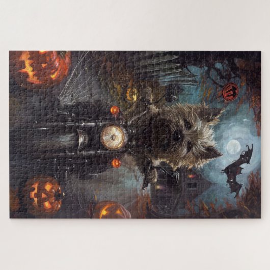 Cairn Terrier Riding Motorrad Halloween Beängstige Puzzle (Horizontal)