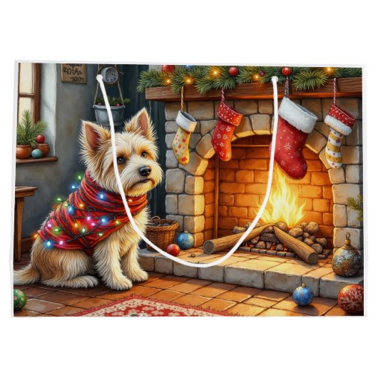 Cairn Terrier Sitting Fireplace Christmas Lights Große Geschenktüte (Rückseite)