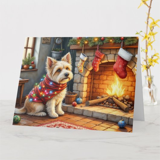 Cairn Terrier Sitting Fireplace Christmas Lights Karte (Gelbe Blume)