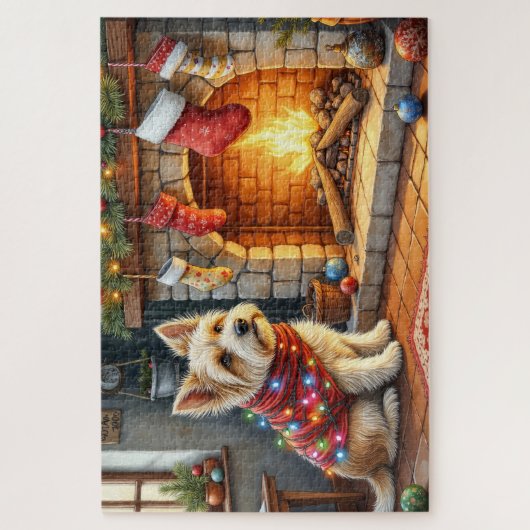 Cairn Terrier Sitting Fireplace Christmas Lights Puzzle (Vertikal)