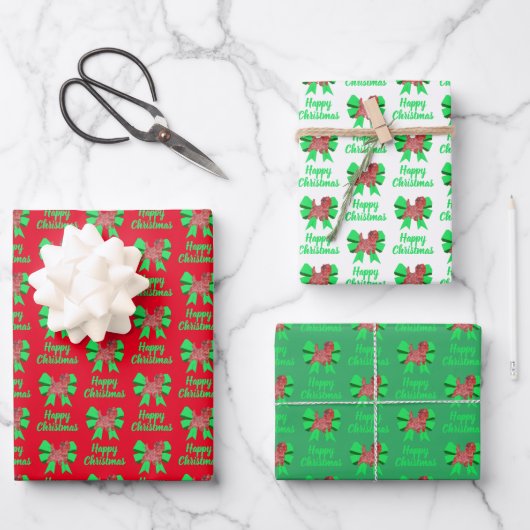Cairn Terrier Weihnachtshund & Grüne Bow 3 Farben Geschenkpapier Set (Vorderseite)