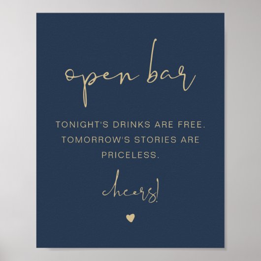 CAITLIN Modern Funny Navy Gold Open Bar Sign Poster (Vorne)
