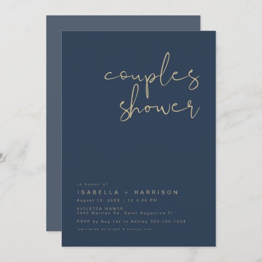 CAITLIN Moderne Navy Blue und Gold Couples Dusche Einladung (Vorne/Hinten)