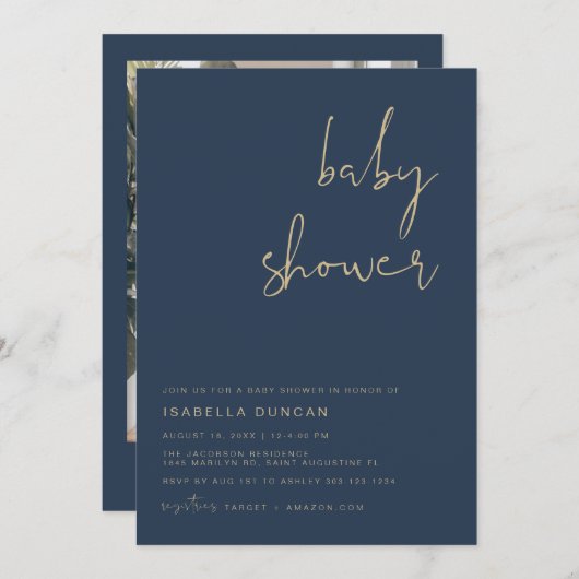 CAITLIN Navy Blue and Gold Baby Dusche Einladung (Vorne/Hinten)