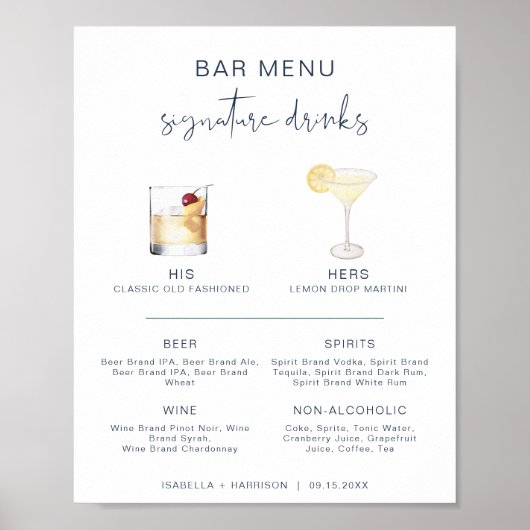 CAITLIN Navy Cocktail Signature Drink Bar Menu Poster (Vorne)