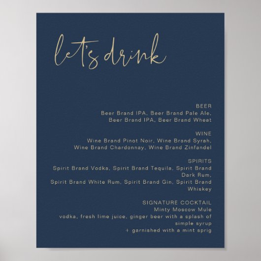 CAITLIN Navy & Gold Let's Drink Bar Menu Signierun Poster (Vorne)