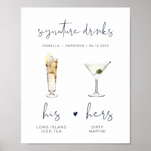 CAITLIN Navy Moderne Signature Drink Hochzeit Bar Poster (Vorne)