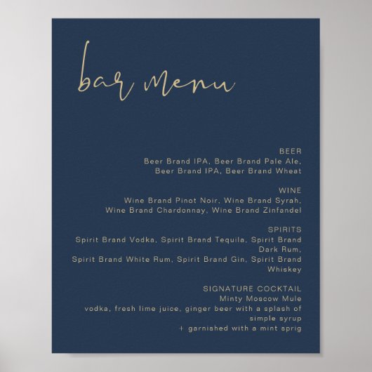 CAITLIN Navy und Gold Wedding Bar Menu Poster (Vorne)