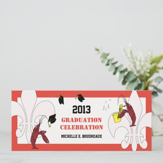 Cajun Crawfish Jazz Graduation Party Einladung (Stehend Vorderseite)