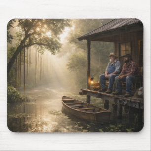 Cajun-Fischer auf der Veranda einer Bayou-Hütte Mousepad