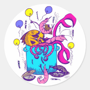 Cajun Style Pot mit Fisch, Langusten, Garnelen Runder Aufkleber