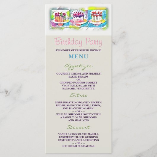 Cake Art Geburtstag Party Menü Menükarte (Vorderseite)