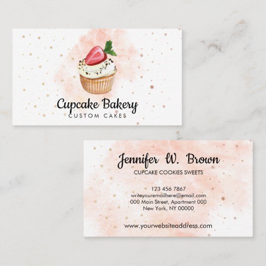 Cake Baker Konditorei Wasserfarbe Erdbeere Cupcake Visitenkarte (Vorne/Hinten)
