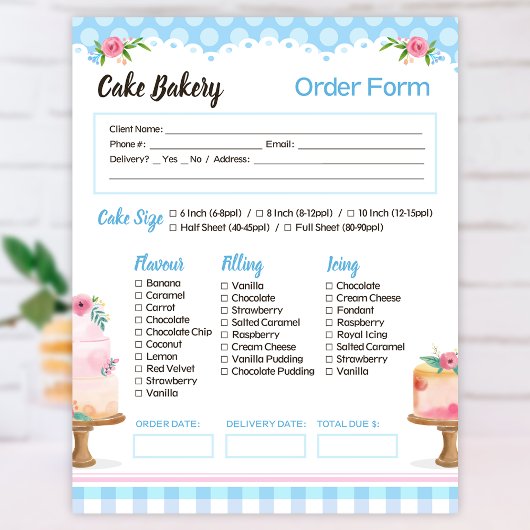 Cake Bakery Blue Order Form Editor Notizblock