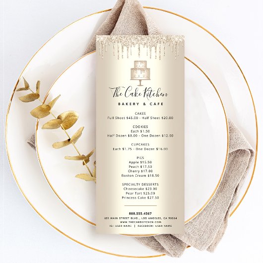 Cake Bakery Gold Glitter Pastry Chef Dessert Menu Werbekarte