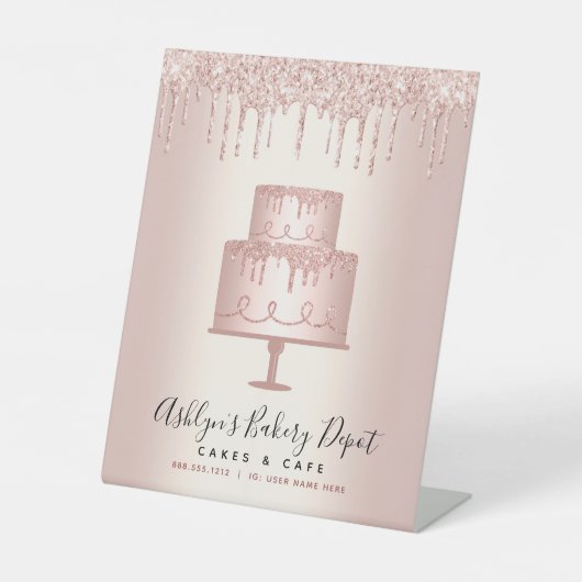 Cake Bakery Koch Rose Gold Glitzer Tropfen Skript Sockelschild (Vorderseite)