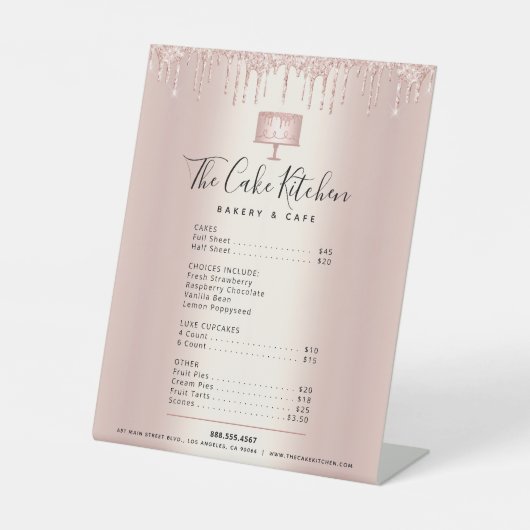 Cake Bakery Rose Gold Glitzer Tropfen Menü Preisli Sockelschild (Vorderseite)