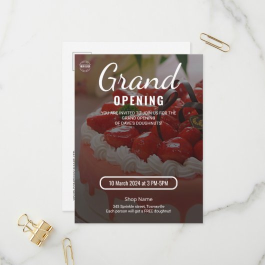 Cake Bakery Shop Große Eröffnung Einladungspostkarte (Vorderseite/Rückseite Beispiel)