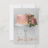 Cake Blume Rose Gold Kristalle Silbergrauer Glitze Einladung (Vorderseite)