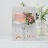 Cake Blume Rose Gold Kristalle Silbergrauer Glitze Einladung (Stehend Vorderseite)