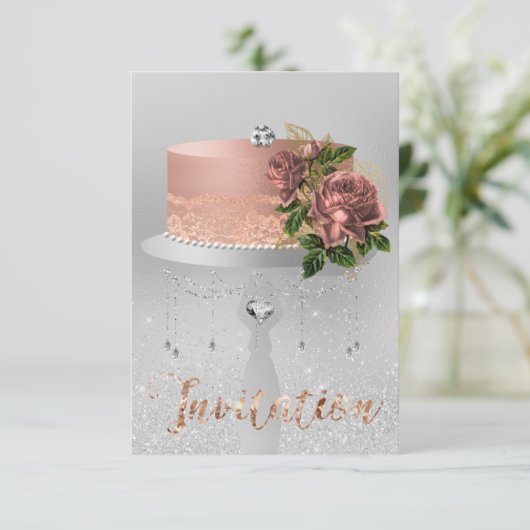 Cake Blume Rose Gold Kristalle Silbergrauer Glitze Einladung (Stehend Vorderseite)