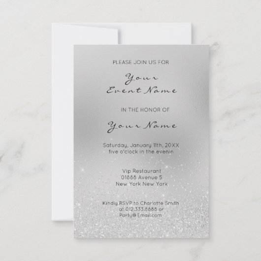 Cake Blume Rose Gold Kristalle Silbergrauer Glitze Einladung (Rückseite)