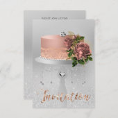 Cake Blume Rose Gold Kristalle Silbergrauer Glitze Einladung (Vorne/Hinten)