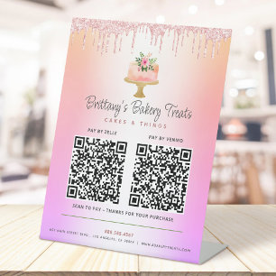 Cake Blush Pink 2 QR Code Bezahlung Hier Glitzer O Sockelschild