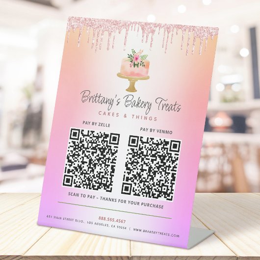 Cake Blush Pink 2 QR Code Bezahlung Hier Glitzer O Sockelschild