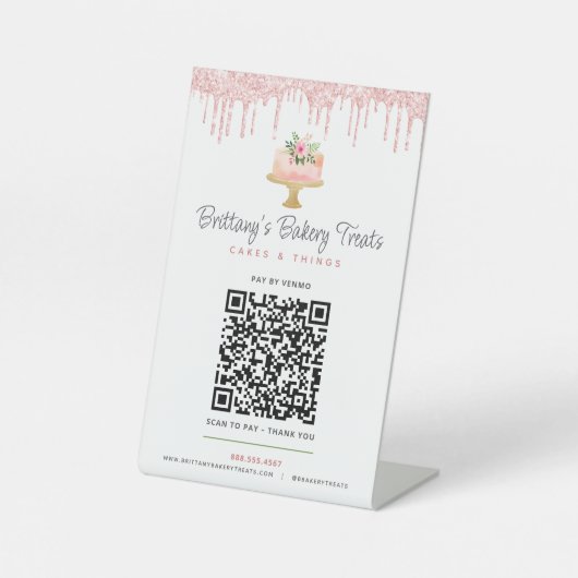 Cake Blush Pink QR Code Bezahlung Hier Bäckerei Gl Sockelschild (Vorderseite)