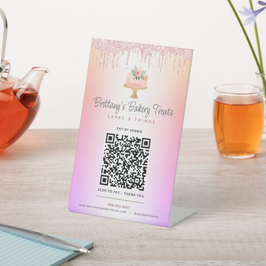 Cake Blush Pink QR Code Bezahlung Hier Glitzer Omb Sockelschild (In SItu)