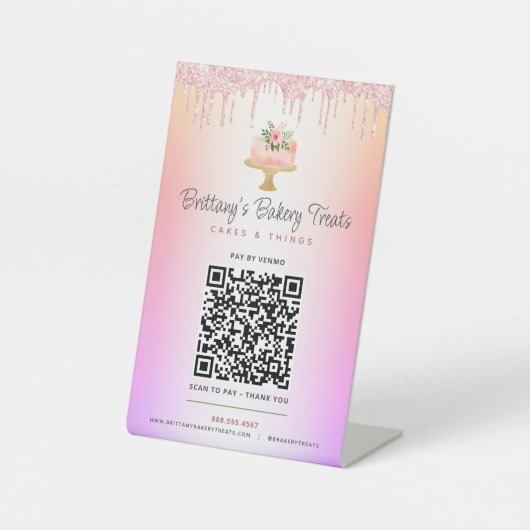 Cake Blush Pink QR Code Bezahlung Hier Glitzer Omb Sockelschild (Vorderseite)