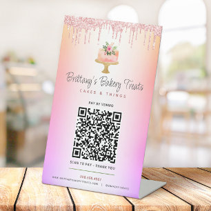 Cake Blush Pink QR Code Bezahlung Hier Glitzer Omb Sockelschild