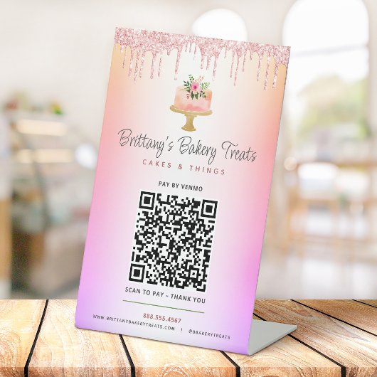 Cake Blush Pink QR Code Bezahlung Hier Glitzer Omb Sockelschild