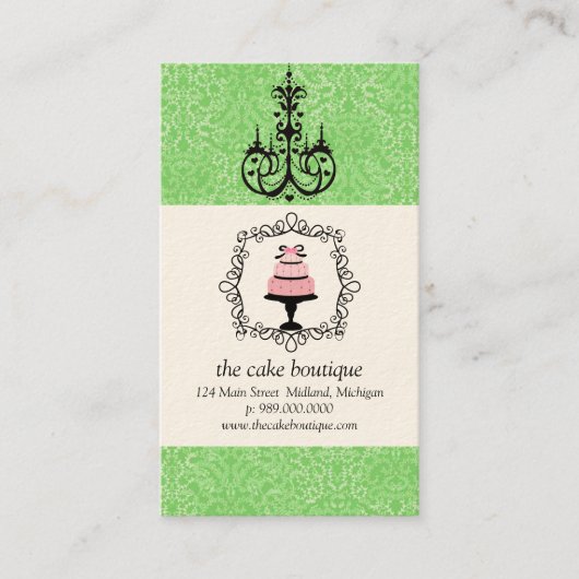 Cake Boutique Extravagant Green Damask Visitenkart Visitenkarte (Vorderseite)