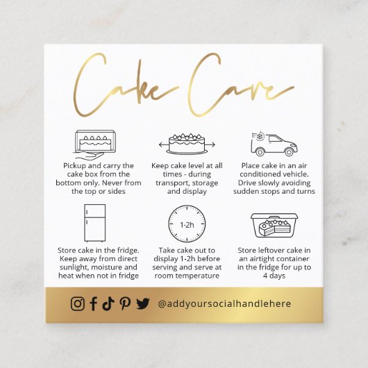 Cake Care Guide White & Gold Script Logo-Karte Quadratische Visitenkarte (Vorderseite)