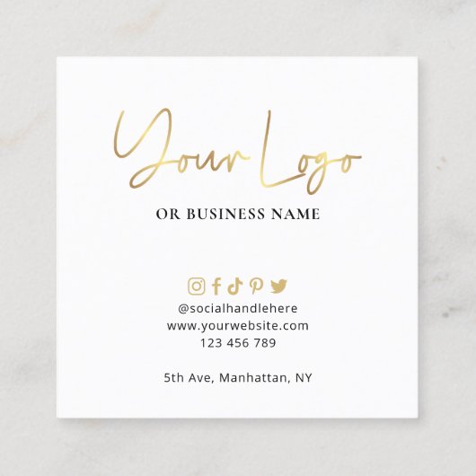 Cake Care Guide White & Gold Script Logo-Karte Quadratische Visitenkarte (Rückseite)