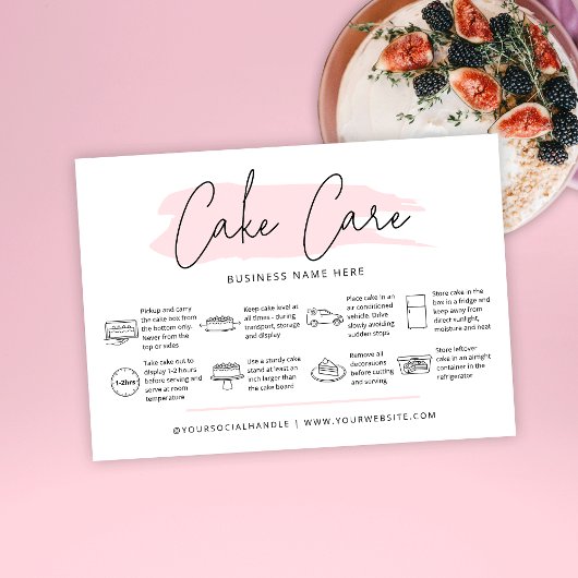 Cake Care Instructions Guide Girly Pink Watercolor Visitenkarte