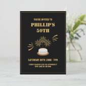 Cake Gold & Black 50. Geburtstagsparty Einladung (Stehend Vorderseite)