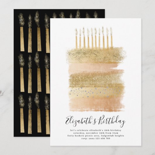 Cake Party Einladung Gold Funkelnd Girls 10. Gebur (Vorne/Hinten)