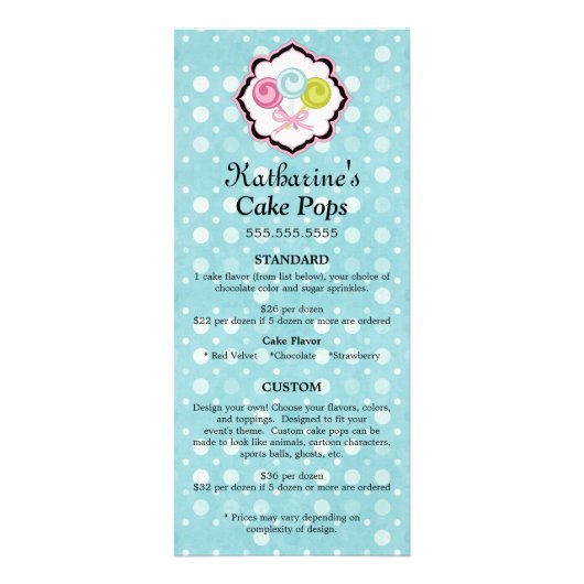 Cake Pops Bäckerei Custom Werbeaktion Price List Werbekarte (Vorne)