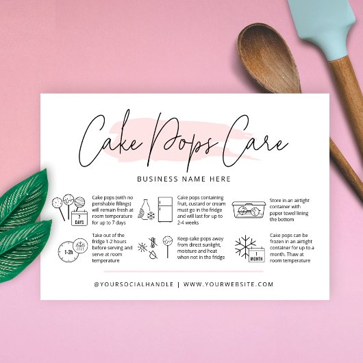 Cake Pops Care Instructions Blush Pink Watercolor Visitenkarte