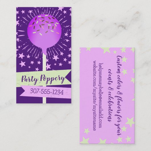 Cake Pops Hochzeitsfest Backbäckerei lila Visitenkarte (Vorne/Hinten)