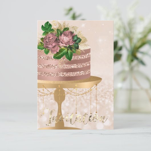 Cake Rose Gold Crystals Creamy Confetti Glitzer Einladung (Stehend Vorderseite)