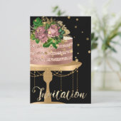 Cake Rose Gold Geburtstag Black Confetti Glitzer Einladung (Stehend Vorderseite)