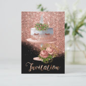 Cake Unicorn Rosa Goldkristalle Silver Glitzer Lux Einladung (Stehend Vorderseite)