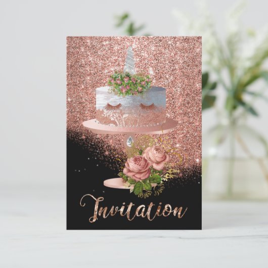 Cake Unicorn Rosa Goldkristalle Silver Glitzer Lux Einladung (Stehend Vorderseite)