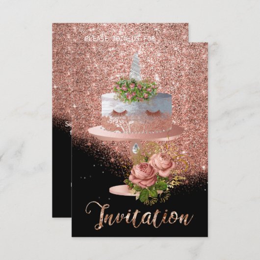 Cake Unicorn Rosa Goldkristalle Silver Glitzer Lux Einladung (Vorne/Hinten)