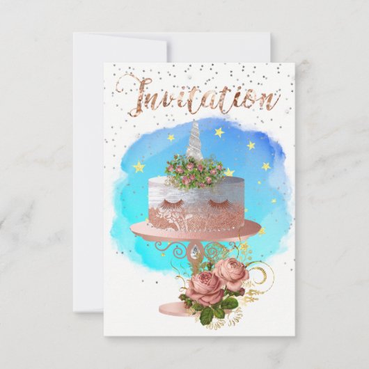 Cake Unicorn Rose Gold Aqua Ticino Einladung (Vorderseite)