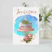 Cake Unicorn Rose Gold Aqua Ticino Einladung (Stehend Vorderseite)